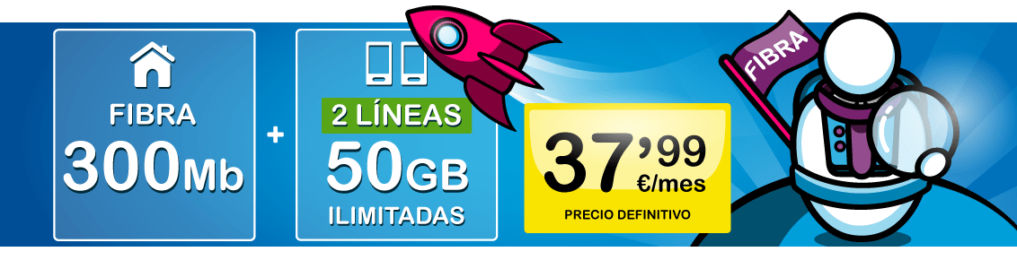 Fibra 300 Mb y dos líneas móvil con GB