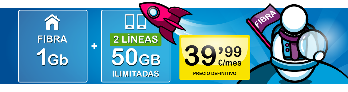 Fibra 1 Gb y 2 líneas de Móvil 50GB