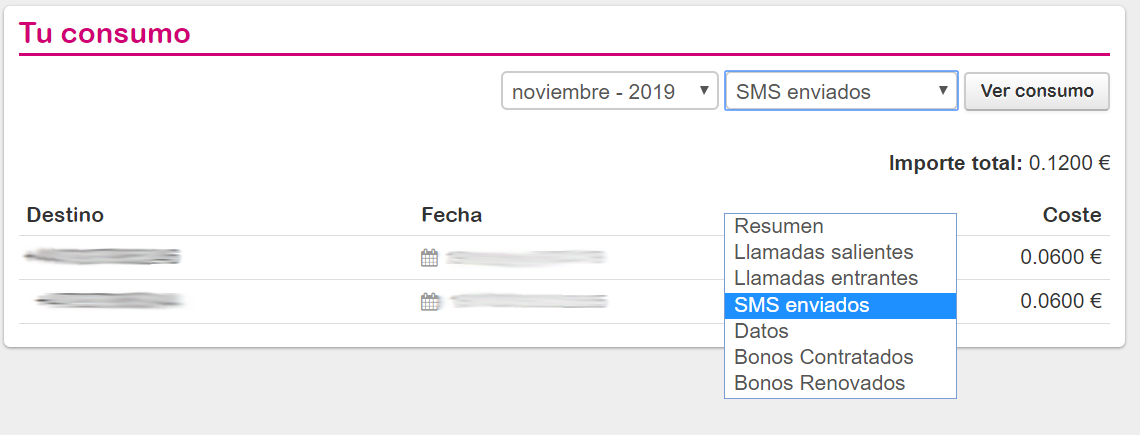 Consulta consumo SMS